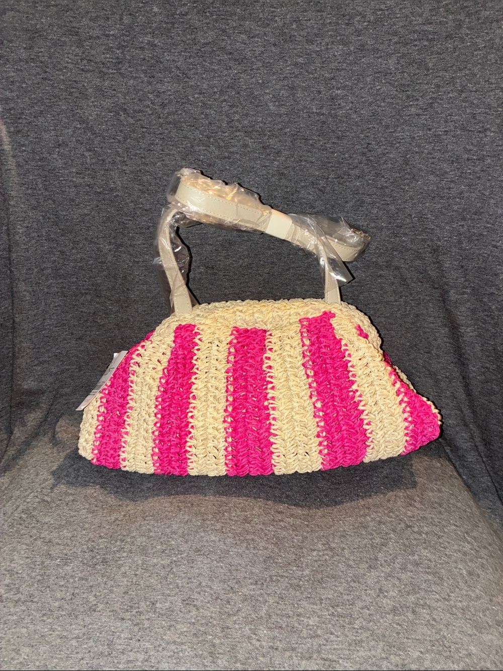LOFT Pink and Cream Striped Woven Shoulder Bag - Picture 1 of 7